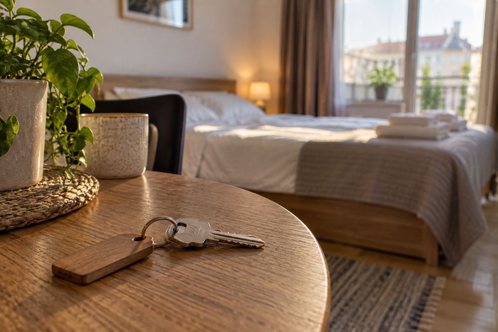 Ključ apartmana na drvenom stolu, krevet u pozadini