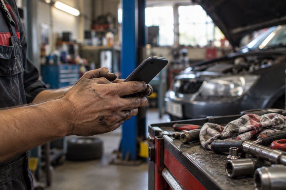 Ruke automehaničara drže telefon u radionici
