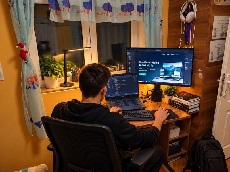 Web2Lab dizajner za radnim stolom, na monitoru dizajn sajta, na laptopu kod
