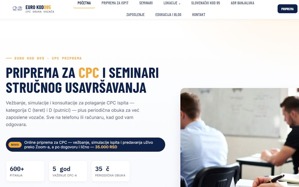 Početna stranica sajta Euro Kod 095: Priprema za CPC i seminari stručnog usavršavanja