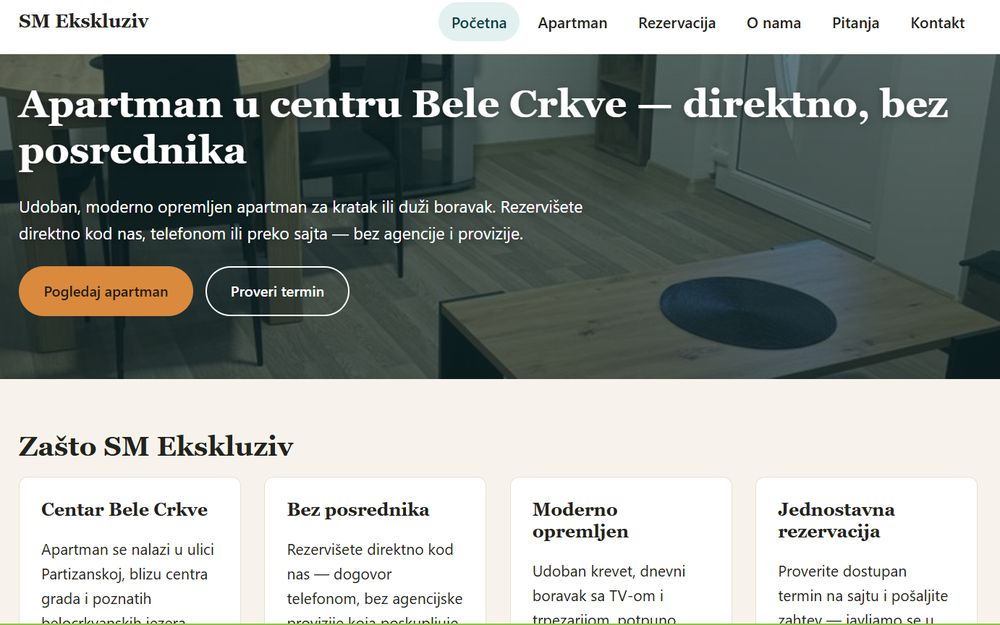 Početna stranica sajta SM Ekskluziv: Apartman u centru Bele Crkve, direktno, bez posrednika