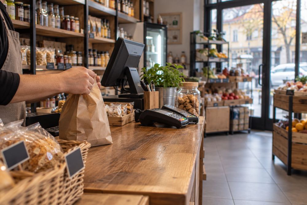 Prodavac pakuje kesu za pultom male prodavnice