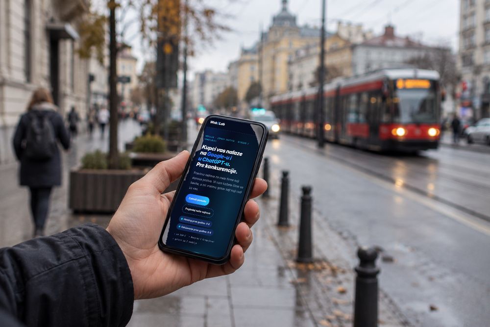 Ruka drži telefon na kom je otvoren sajt Web2Lab, ulica i tramvaj u pozadini