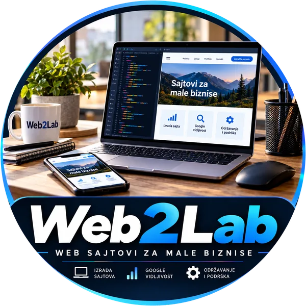 Web2Lab znak: laptop i telefon sa sajtom, natpis Web sajtovi za male biznise